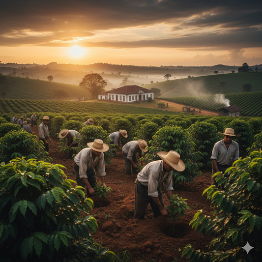 sunrise over Cerrado fazenda coffee fields in Minas Gerais Brazil