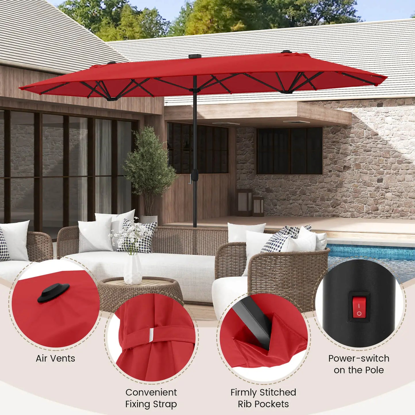 wine red patio umbrella with LED lights glowing at night