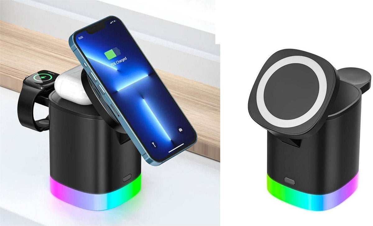 Wireless Charger 3 in 1 Wireless Charging Station QC3.0 15W Cube Charger Smart Watch Earbuds for Iphone Mobile Phone (White)