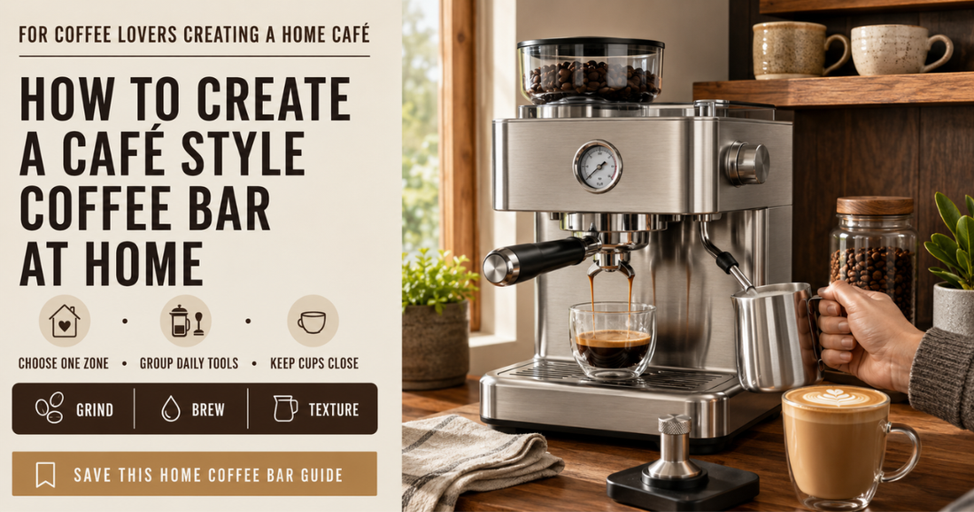 Organized café style home coffee bar with a stainless steel espresso machine, built-in grinder, steam wand, milk jug, portafilter, fresh coffee beans, latte cups, and neatly arranged espresso accessories.