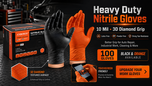 10 Mil Heavy Duty Nitrile Gloves with 3D Diamond Grip in black and orange for mechanics, auto repair, industrial work, cleaning, tattoo work, and garage use