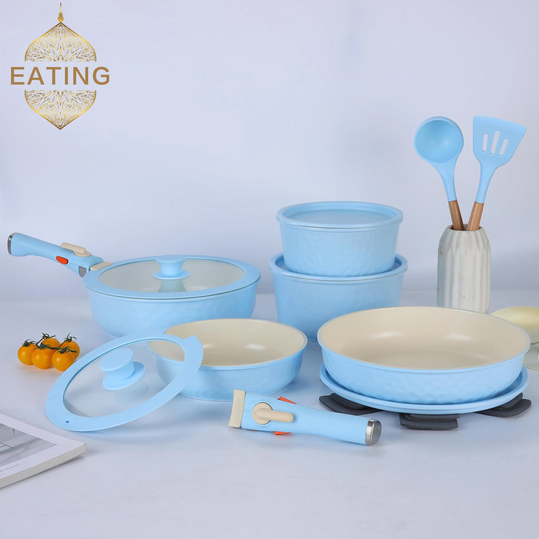 17-piece ceramic cookware set in aluminum, featuring a non-toxic, PFAS-free coating and removable handles for stackable storage. The set is induction compatible.