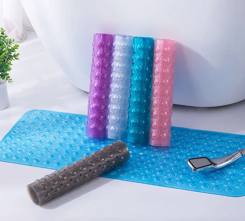 Eco-friendly non slip silicone bath tub mat 40x16 with 200 suction cups and drain holes for safer showers and comfortable footing in bathrooms.