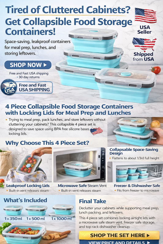 4 Piece Collapsible Food Storage Containers with Locking Lids for Meal Prep and Lunches