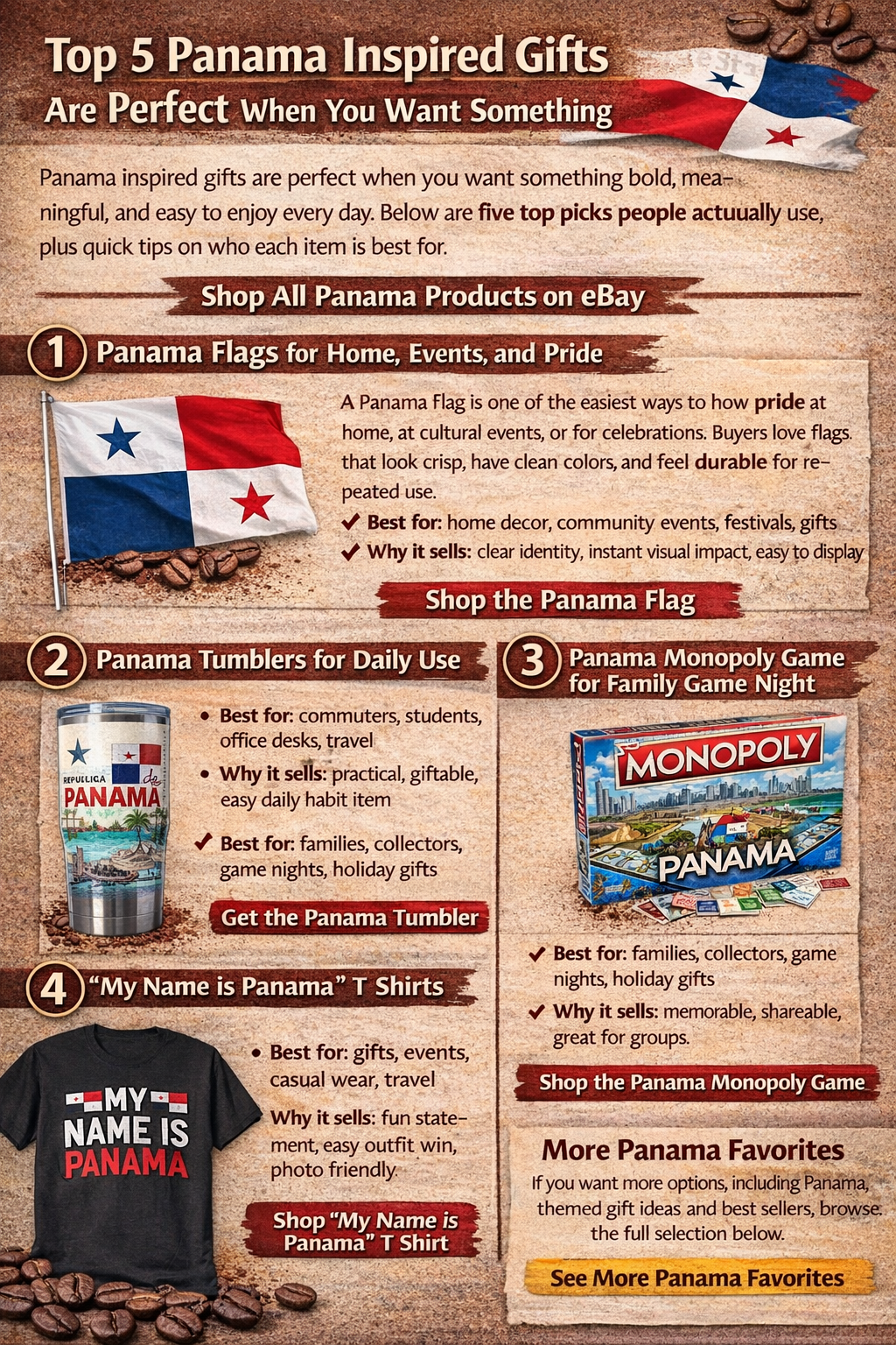Best Panama Gifts: Flags, Tumblers, Mola Pillow Covers, Panama Monopoly, and “My Name is Panama” T Shirts