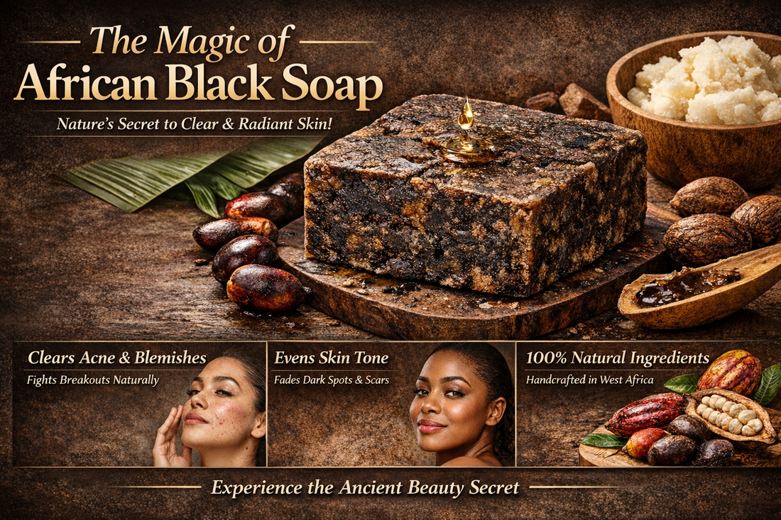 Authentic raw African Black Soap bar on a wooden dish with natural botanical ingredients