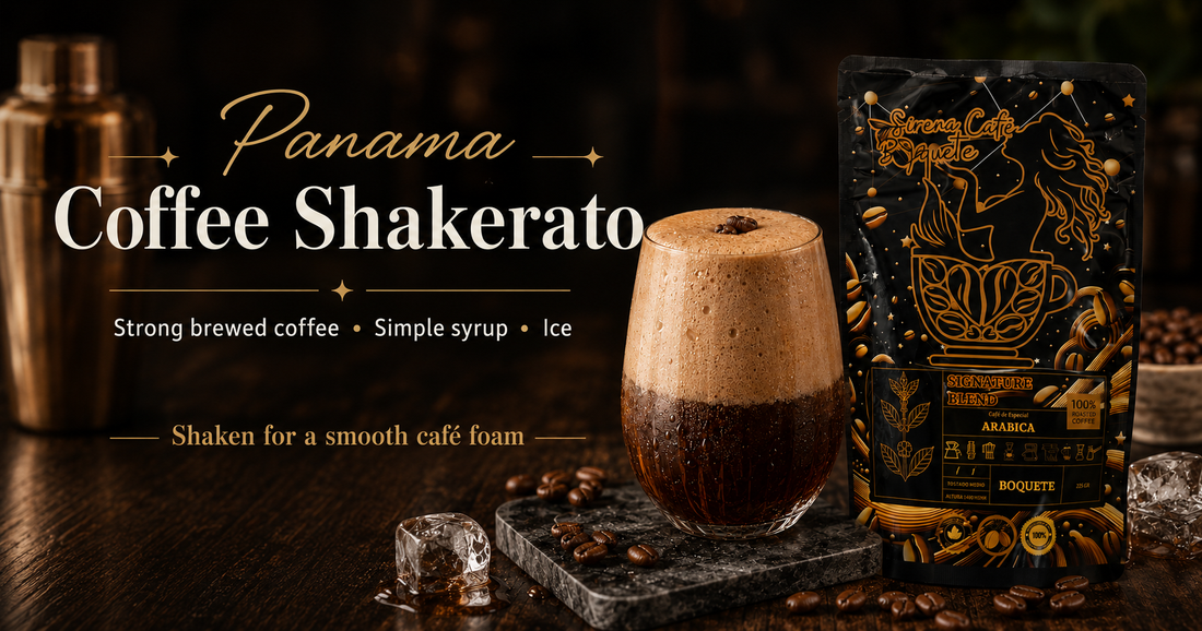 Panama Coffee Shakerato made with strongly brewed Boquete Arabica coffee, simple syrup and ice for an easy three ingredient shaken iced coffee with natural foam