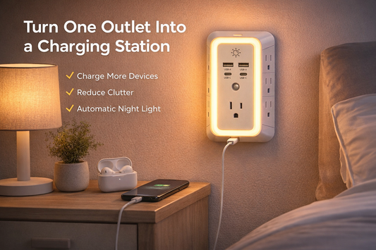 11 in 1 USB wall charger surge protector with night light in a modern bedroom, featuring AC outlets, USB A and USB C ports, phone charging, and a clutter free bedside setup