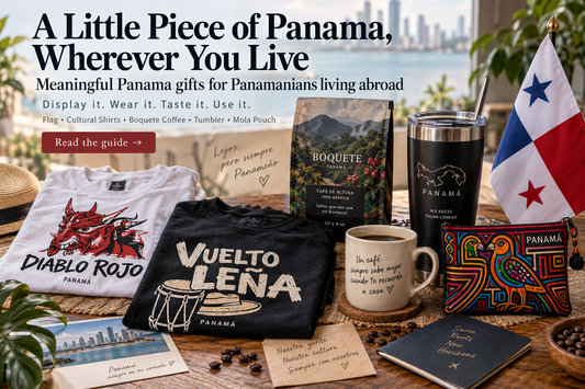 Panama gifts for Panamanians living abroad including Boquete coffee, Panama flag, cultural shirts, tumbler and Mola pouch