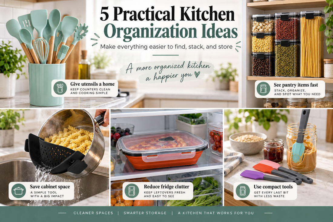 Organized kitchen with cooking utensils, clear stackable pantry containers, compact food storage tools, and practical kitchen organization solutions