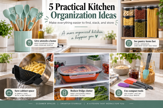 Organized kitchen with cooking utensils, clear stackable pantry containers, compact food storage tools, and practical kitchen organization solutions