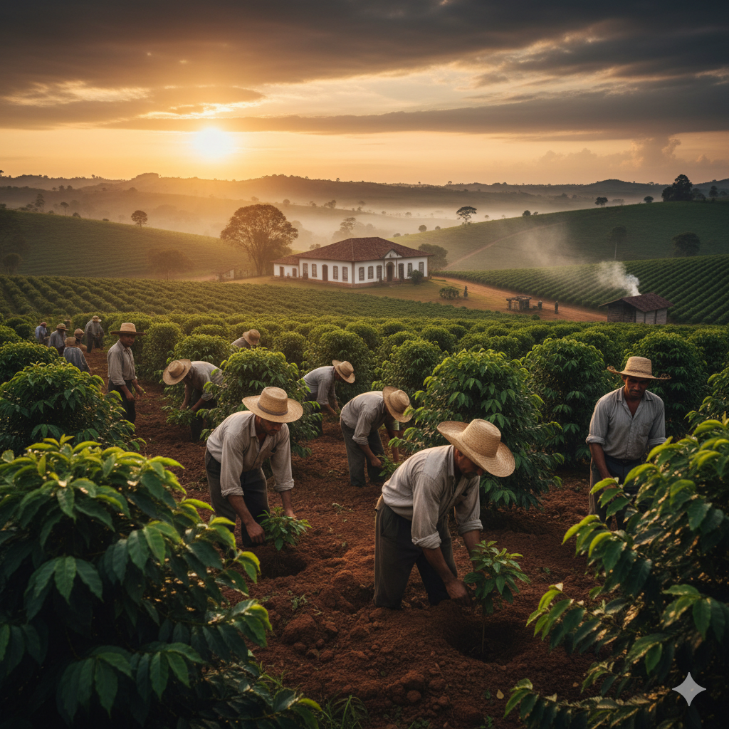 sunrise over Cerrado fazenda coffee fields in Minas Gerais Brazil