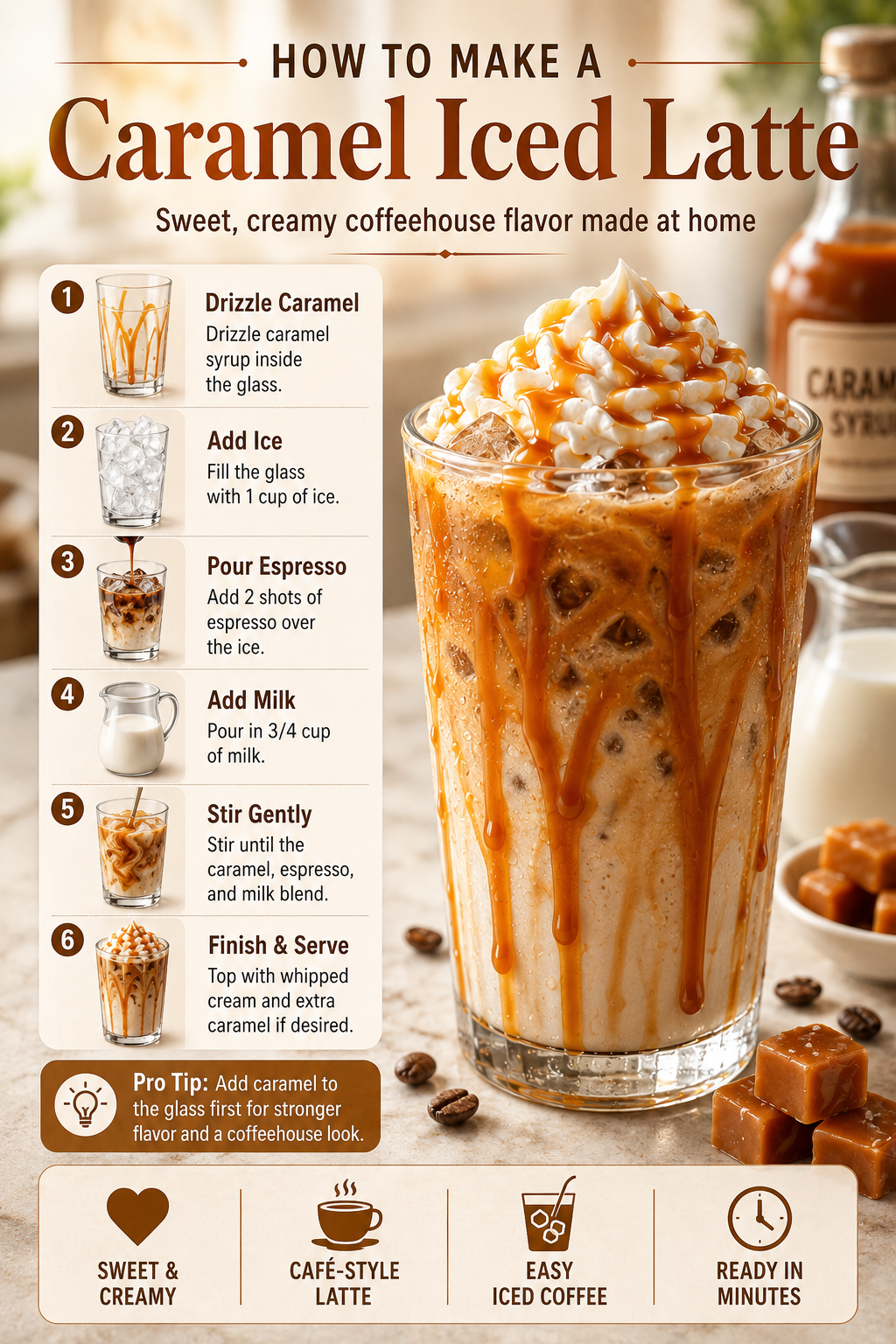 How to make a caramel iced latte with espresso, milk, caramel syrup, ice, whipped cream, and café-style caramel drizzle
