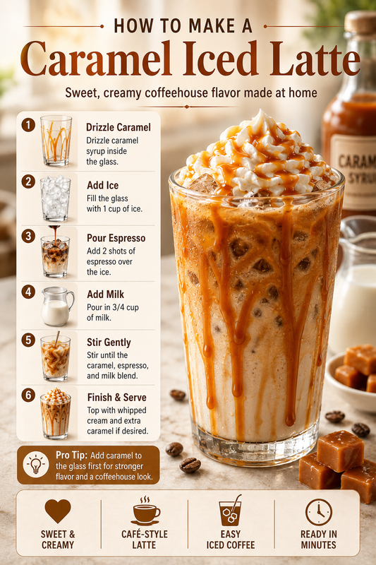 How to make a caramel iced latte with espresso, milk, caramel syrup, ice, whipped cream, and café-style caramel drizzle