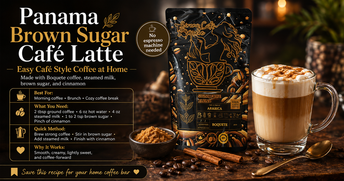 Panama Brown Sugar Café Latte recipe made with Boquete medium roast coffee, steamed milk, brown sugar and cinnamon for an easy café style coffee drink at home