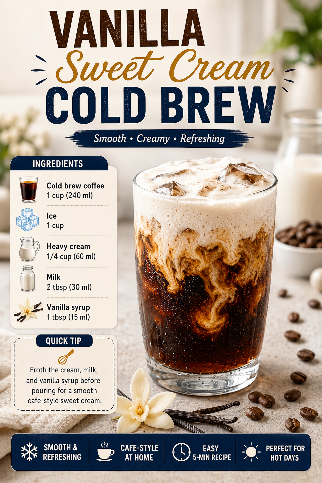 Vanilla Sweet Cream Cold Brew recipe with cold brew coffee, ice, heavy cream, milk, vanilla syrup, coffee beans, and vanilla on a café-style kitchen background