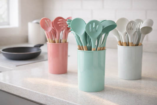 Silicone kitchen utensil set with holder for nonstick cookware in a clean modern kitchen