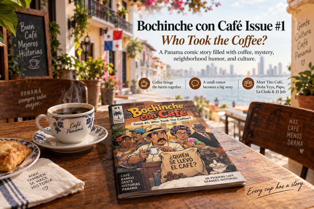 Bochinche con Café Panama comic book Issue 1 featuring Tito Café, Doña Yeya, Papo, La Chola and El Jefe at Café del Barrio