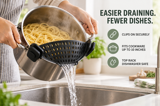 Black curved silicone clip on pot strainer with perforated draining surface and clips on both sides