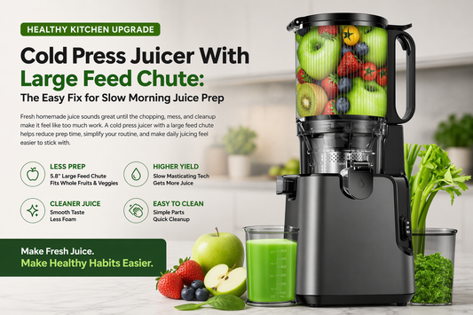 Hyper realistic landscape Shopify product ad image of a cold press juicer with large feed chute, fresh fruit and green juice, highlighting less prep, higher juice yield, cleaner juice, and easy to clean design for a healthy kitchen upgrade