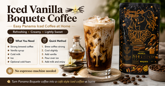 Iced Vanilla Boquete Coffee recipe made with strongly brewed Panama medium roast Arabica coffee, vanilla syrup, cold milk and ice for an easy café style iced coffee at home