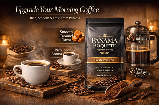 Premium Panama Boquete coffee fresh roasted ground coffee with smooth flavor rich aroma caramel notes and clean finish for drip French press and espresso