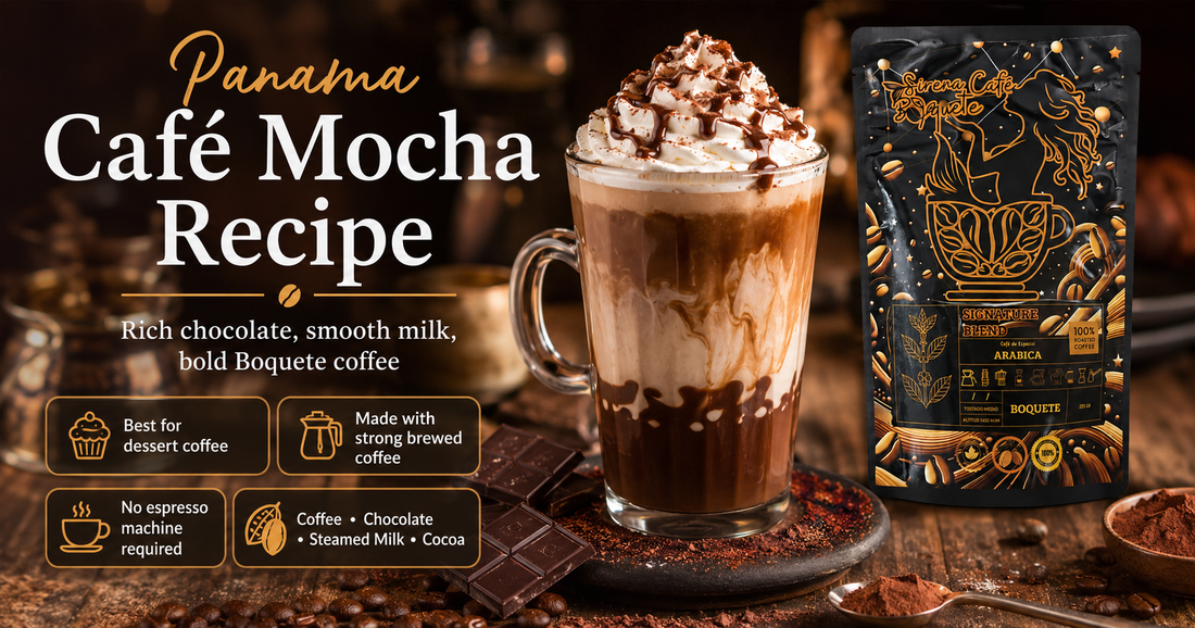 Panama Café Mocha recipe made with Boquete Arabica coffee, chocolate sauce and steamed milk for an easy homemade café style chocolate coffee drink