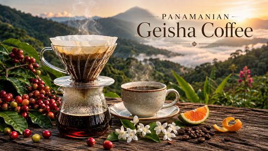 Premium Panama Geisha coffee pour-over with coffee cherries, jasmine flowers, citrus notes, and Boquete volcanic highland scenery