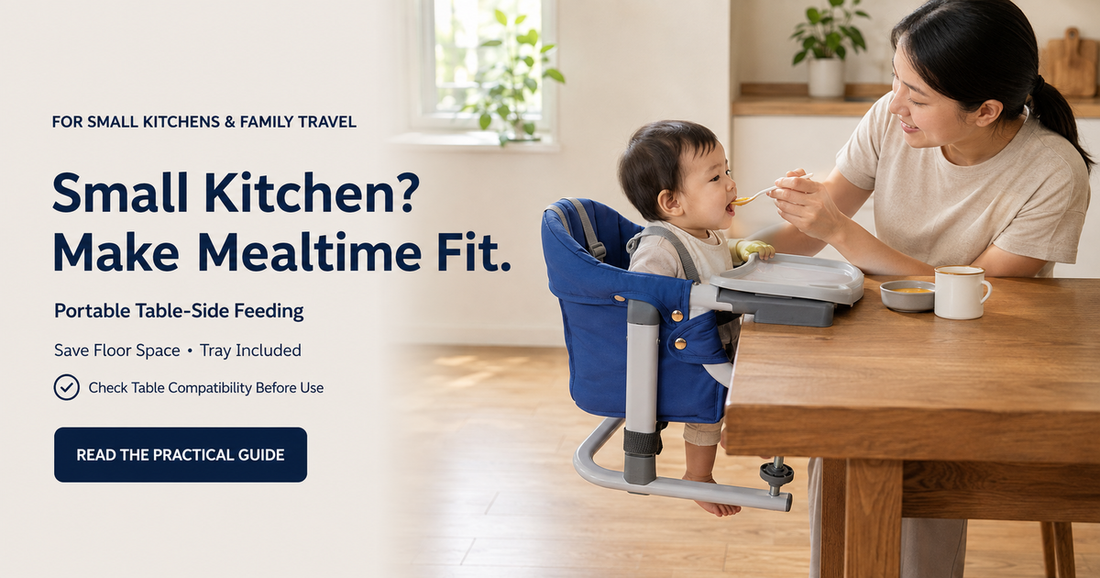 Blue portable hook on baby highchair attached to a sturdy table for space saving family mealtime in a small kitchen
