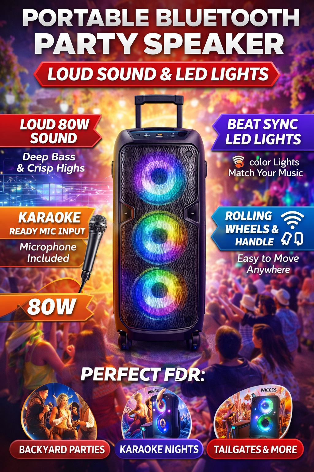 Portable Bluetooth Party Speaker with Microphone, Lights, and Deep Bass