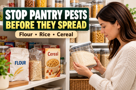 Home pantry showing flour, rice and cereal stored in sealed food storage containers as part of pantry moth and weevil prevention.