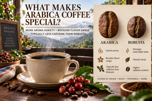 Arabica vs Robusta coffee infographic showing aroma variety, flavor range, caffeine differences, and Panama Boquete coffee.