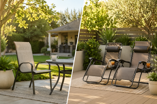 Comparison of a regular patio chair and zero gravity reclining chairs in a backyard comfort setting