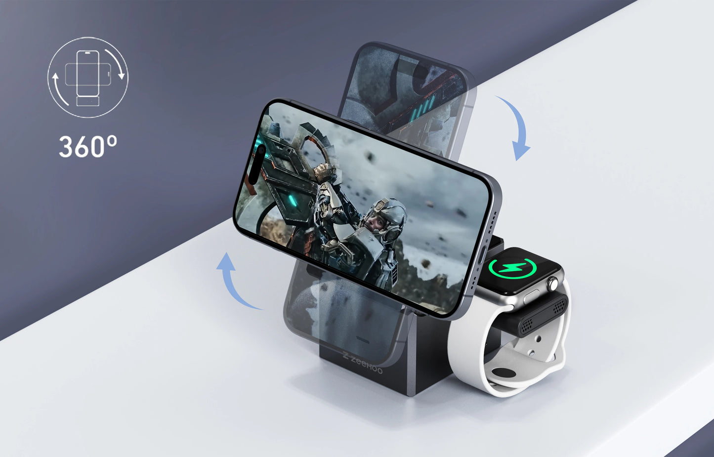 Multi-device charging stand with smartphone, smartwatch, and tablet on a white surface.