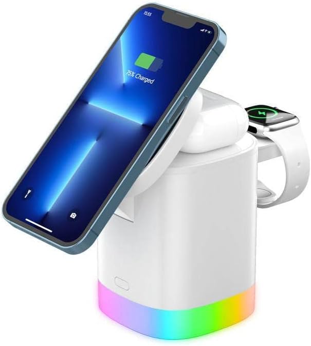 Wireless Charger 3 in 1 Wireless Charging Station QC3.0 15W Cube Charger Smart Watch Earbuds for Iphone Mobile Phone (White)