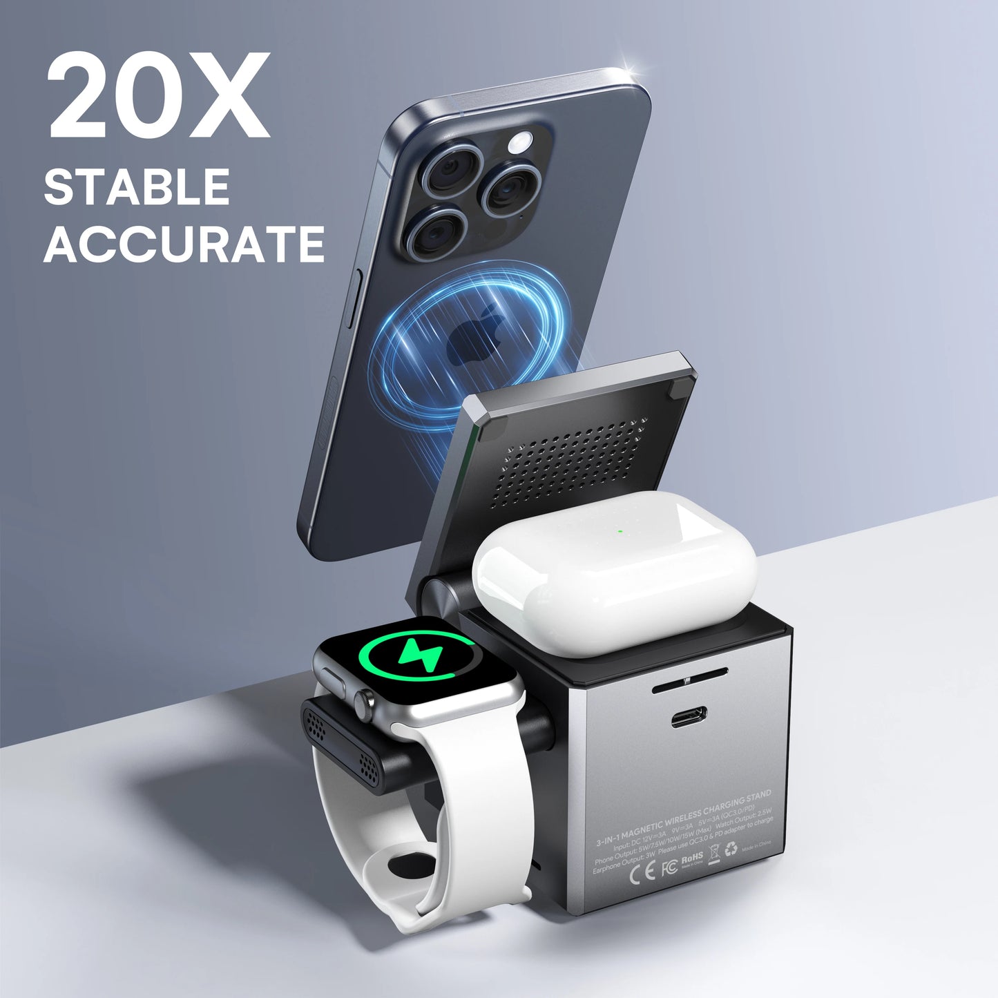Smartphone, smartwatch, and charging dock on a light gray background with '20X Stable Accurate' text.