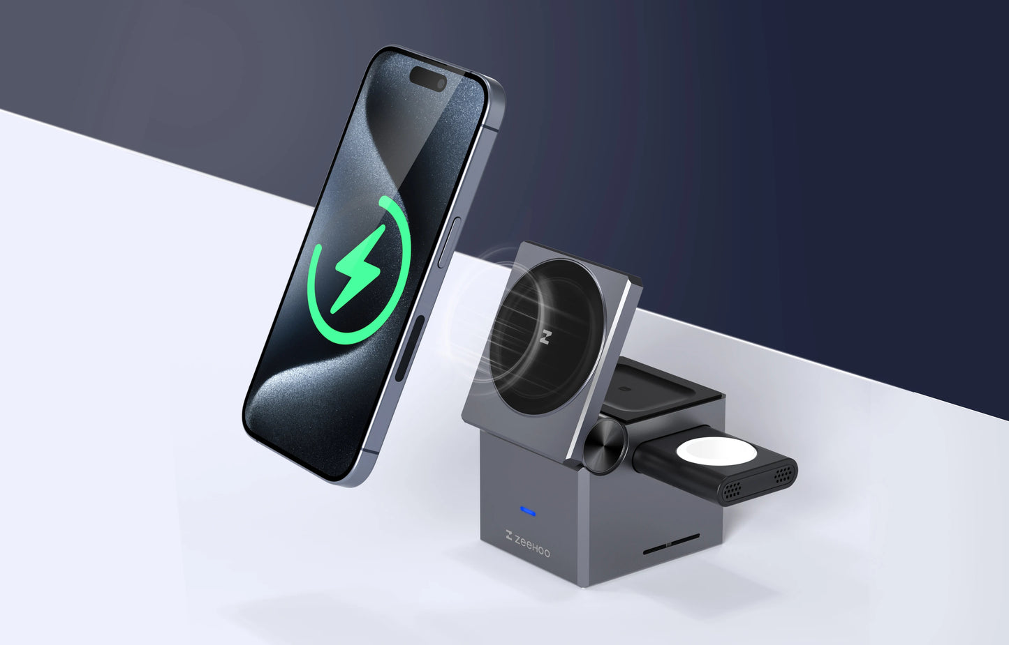 Wireless charging station with smartphone and smartwatch on a white surface