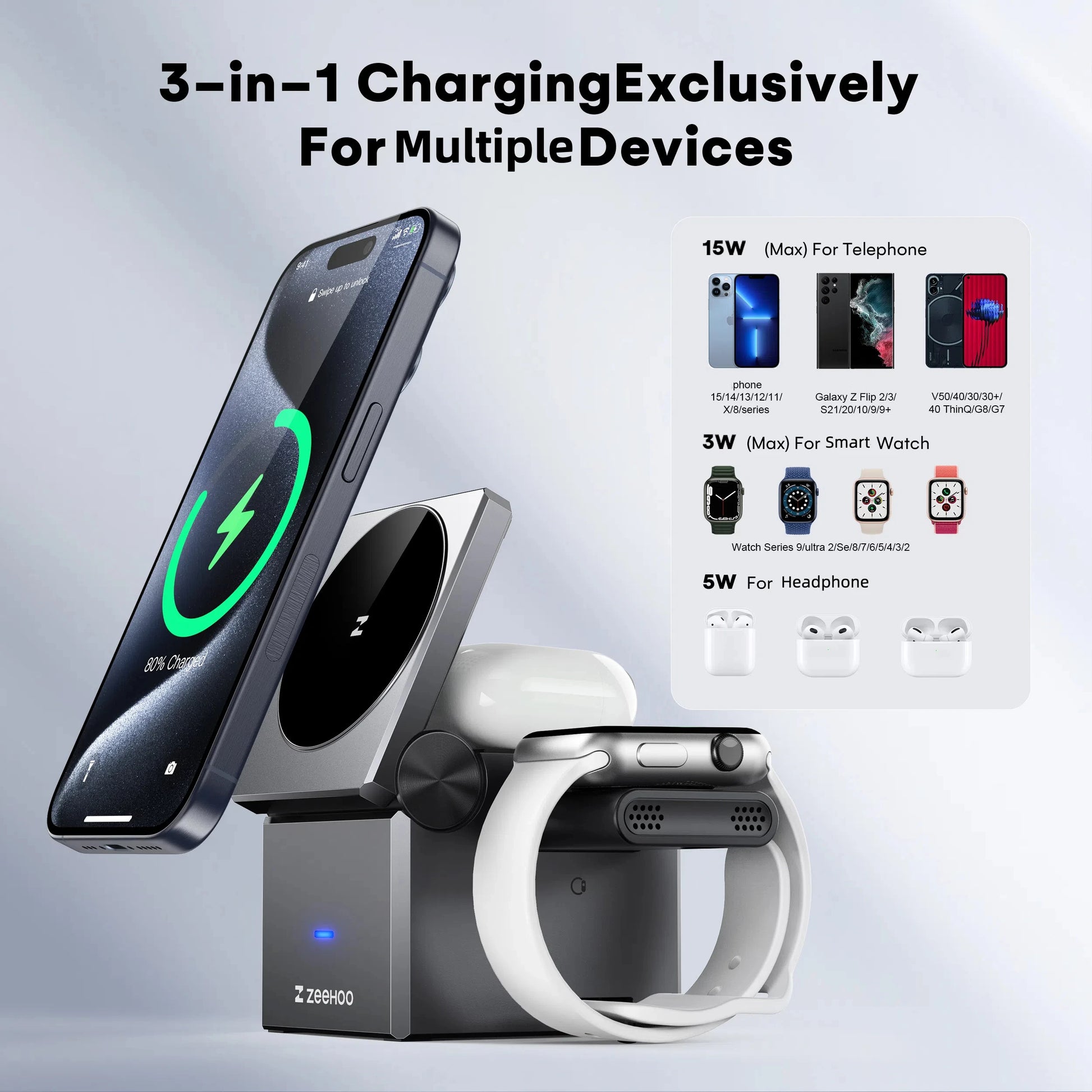 3-in-1 magnetic charging cube powering phone, watch, and earbuds