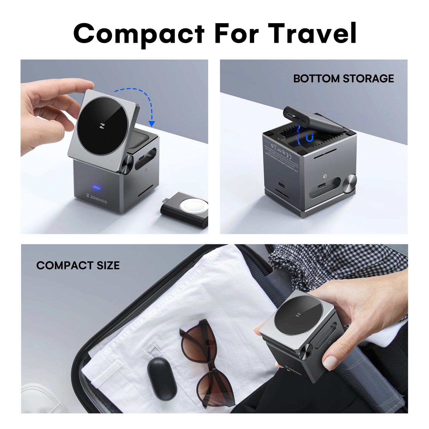 Compact electronic device being shown in various travel scenarios with text indicating 'Compact For Travel'.