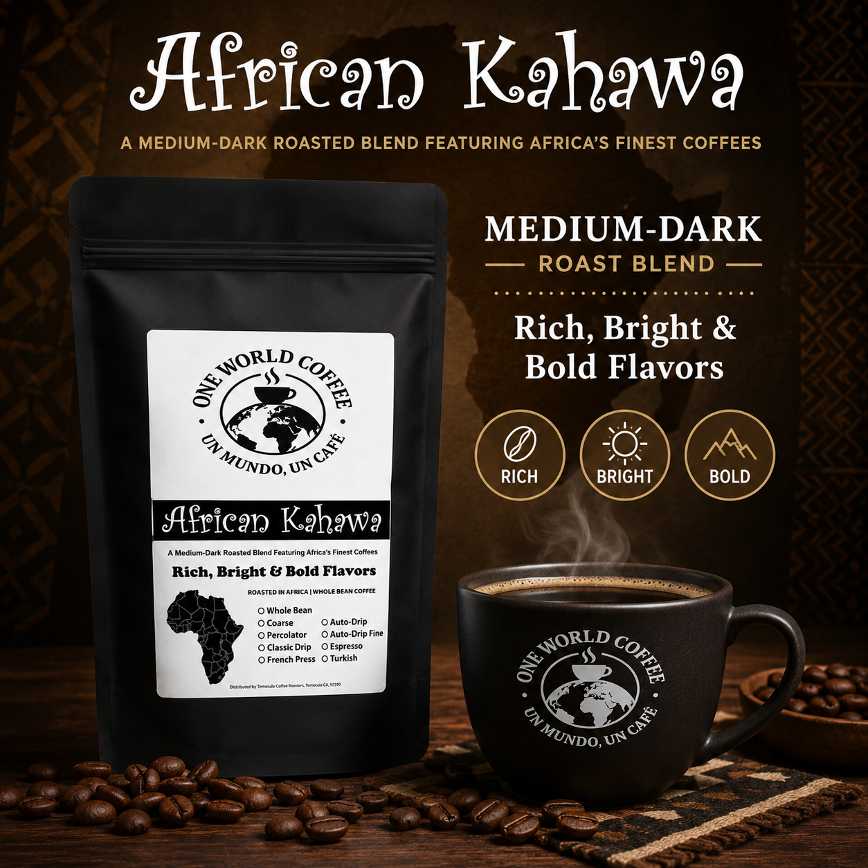 African Kahawa Blend Coffee – Medium-Dark Roast - One World Coffee, Un Mundo Un Cafe