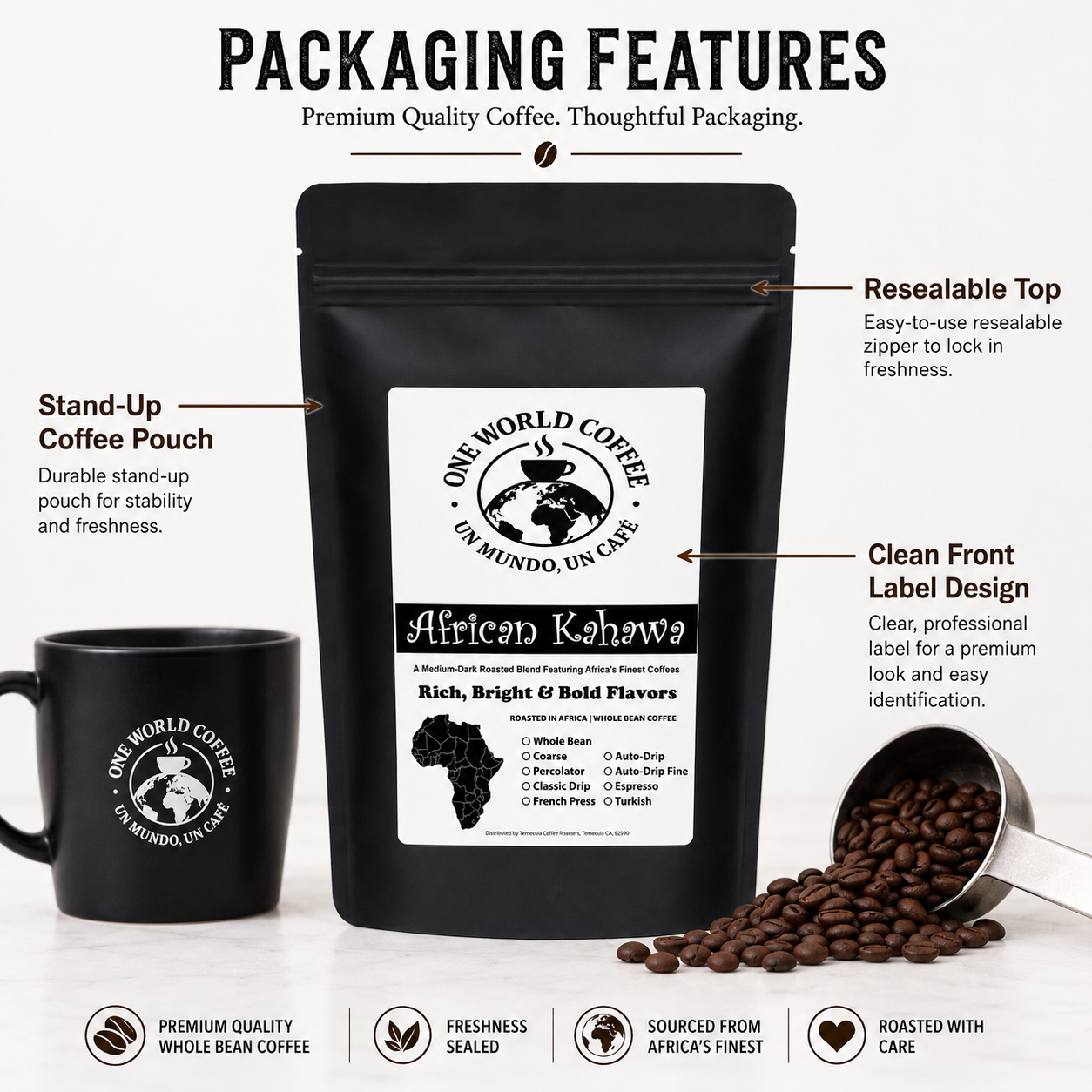 African Kahawa Blend Coffee – Medium-Dark Roast - One World Coffee, Un Mundo Un Cafe