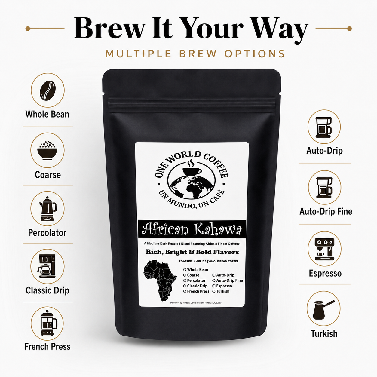 African Kahawa Blend Coffee – Medium-Dark Roast - One World Coffee, Un Mundo Un Cafe