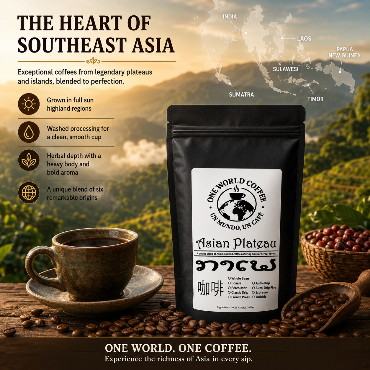 Asian Plateau Blend Coffee - One World Coffee, Un Mundo Un Cafe