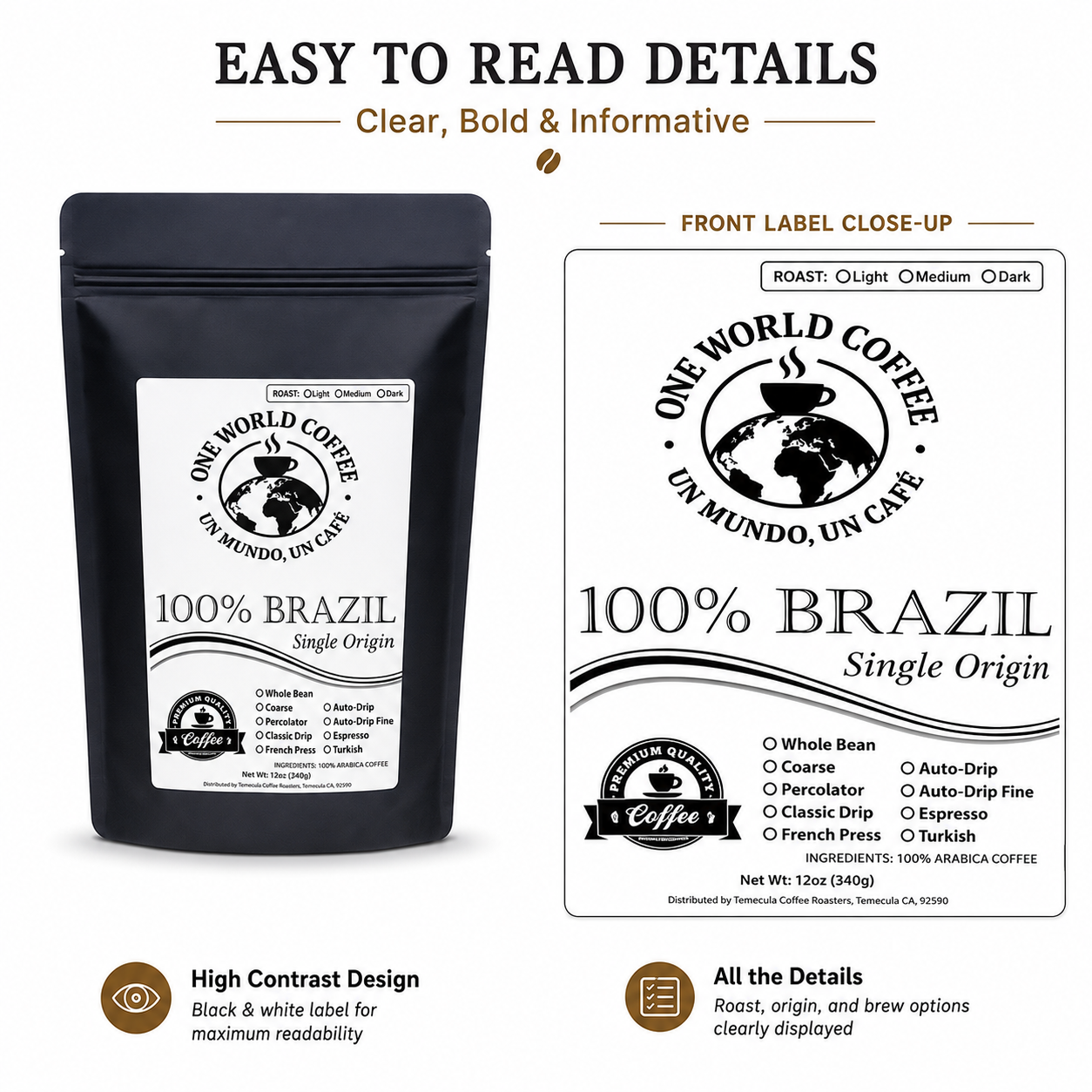 100% Brazil Coffee – Medium & Dark Roast Nutty Chocolate Flavor - One World Coffee, Un Mundo Un Cafe