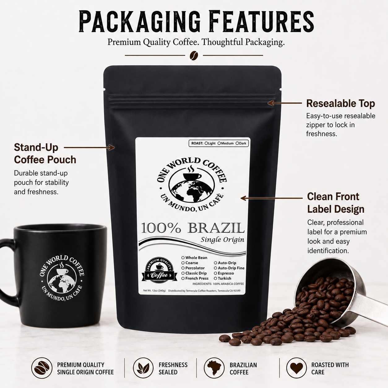 100% Brazil Coffee – Medium & Dark Roast Nutty Chocolate Flavor - One World Coffee, Un Mundo Un Cafe