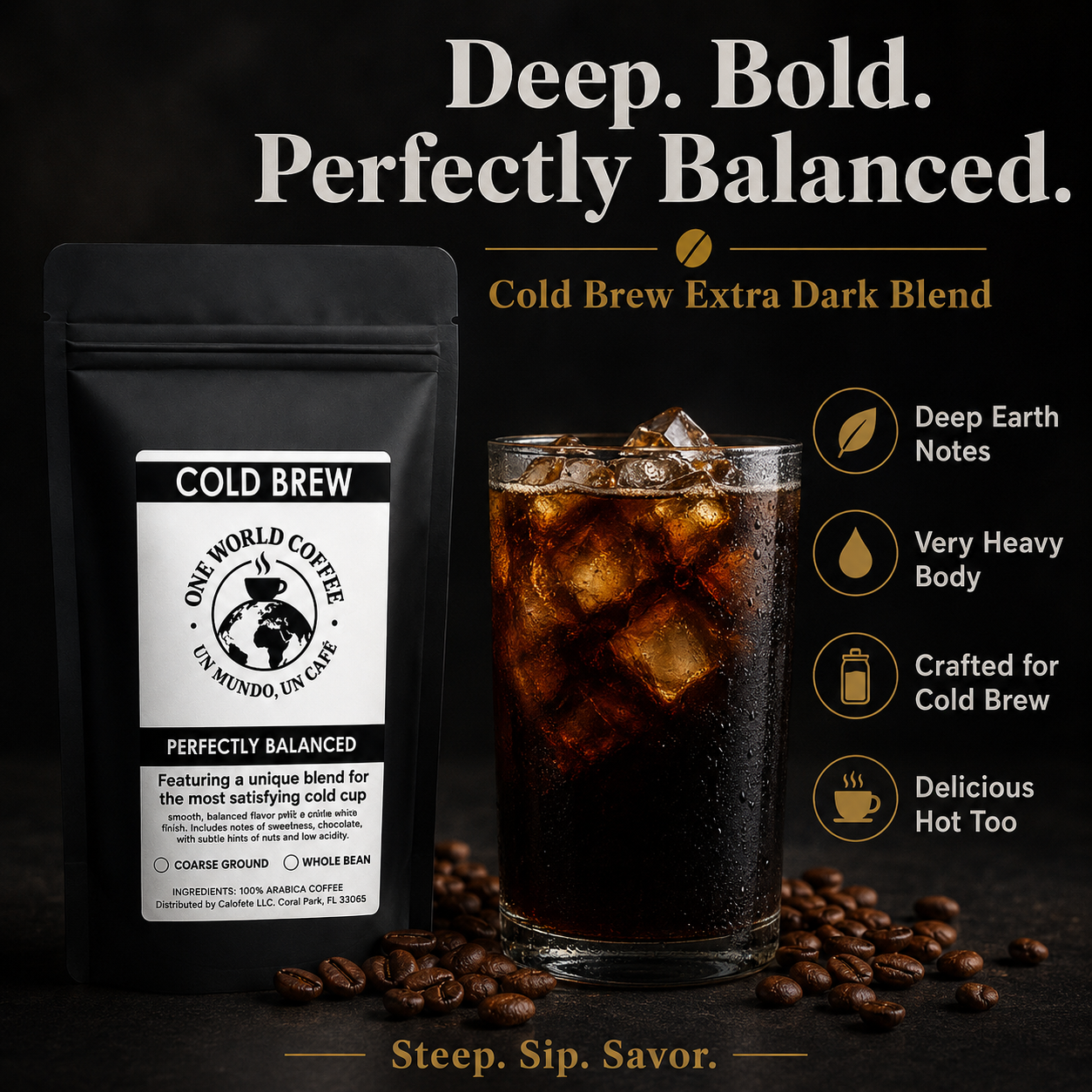 Cold brew coffee bag with iced coffee and roasted coffee beans