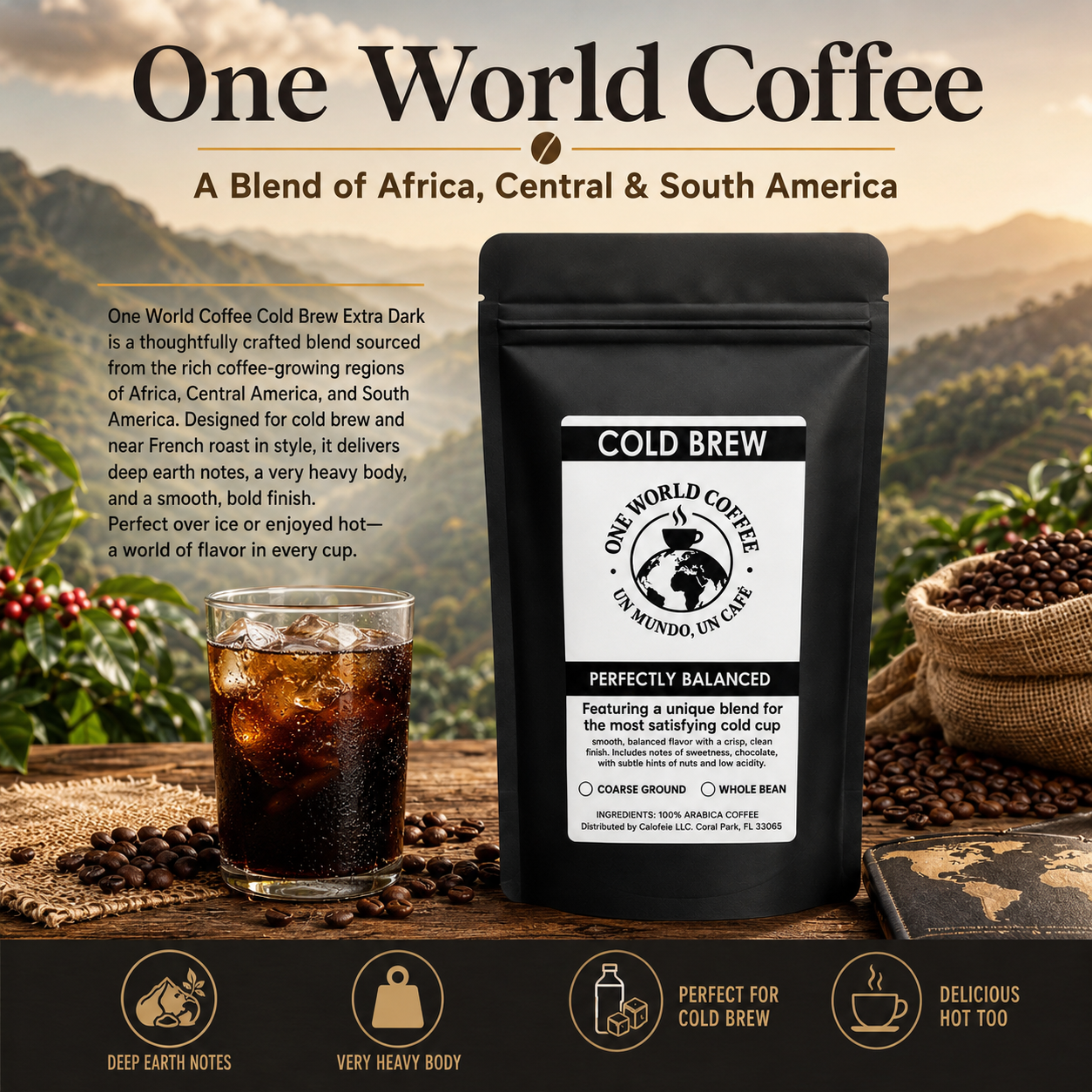 One World Coffee Cold Brew origin story blend from Africa Central and South America