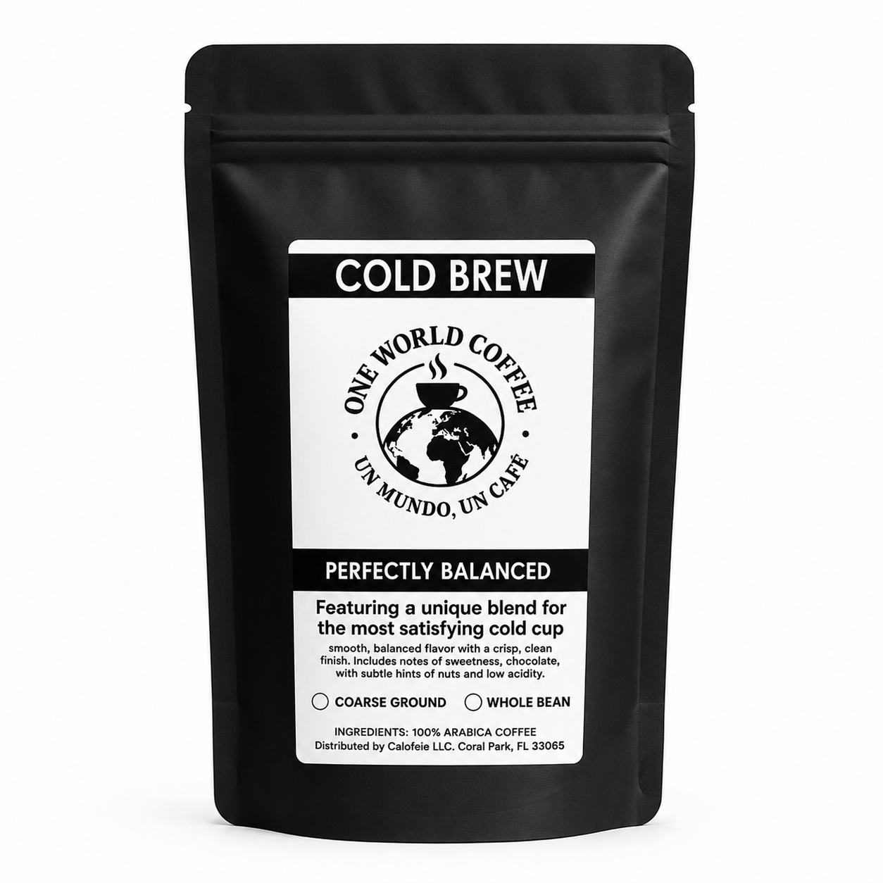 One World Coffee Cold Brew 100% Arabica whole bean coffee bag