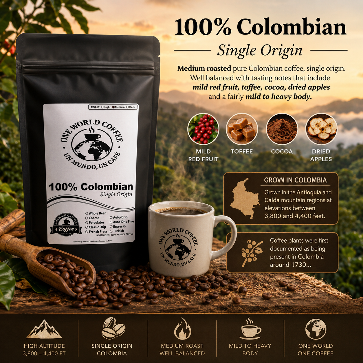 100% Colombian Coffee – Single Origin Medium Roast - One World Coffee, Un Mundo Un Cafe