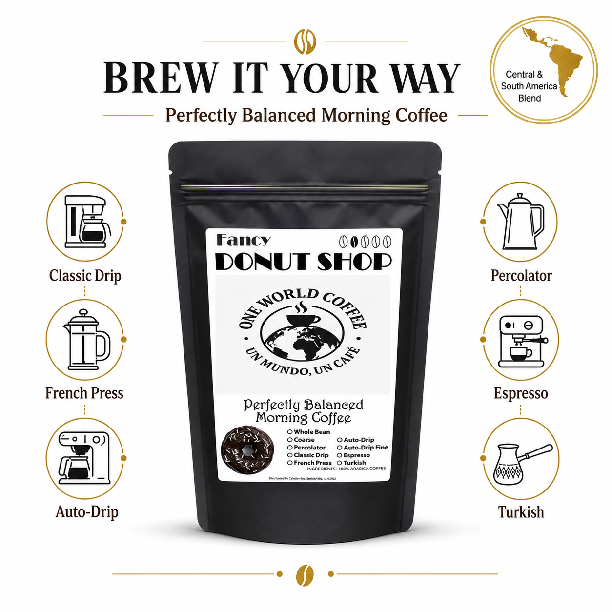 Fancy Donut Shop Coffee brew methods infographic showing classic drip, French press, auto-drip, percolator, espresso, and Turkish coffee options